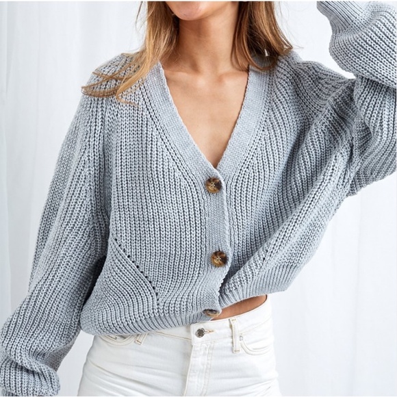 Grey Knit Button Front V-neck Cardigan - Picture 4 of 16